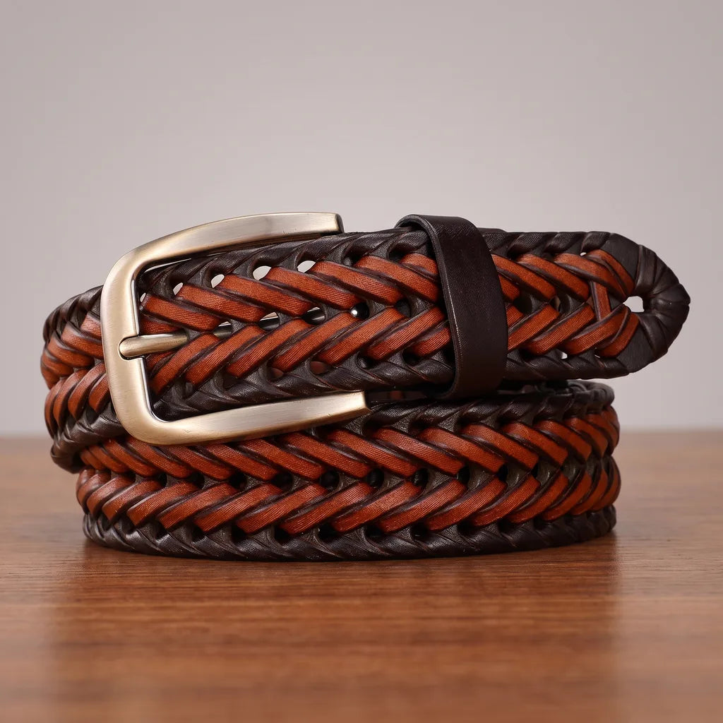 Men's Woven Leather Belt - Hand-Braided Casual Stretch Strap