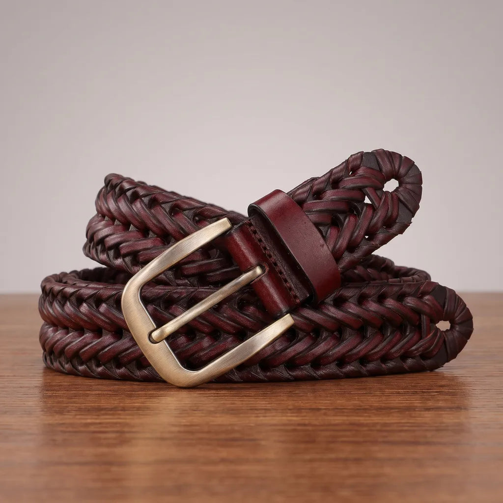 Men's Woven Leather Belt - Hand-Braided Casual Stretch Strap