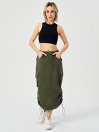 Women's Denim Cargo Midi Skirt – High Waisted Y2K Style with Pockets-HighTouch