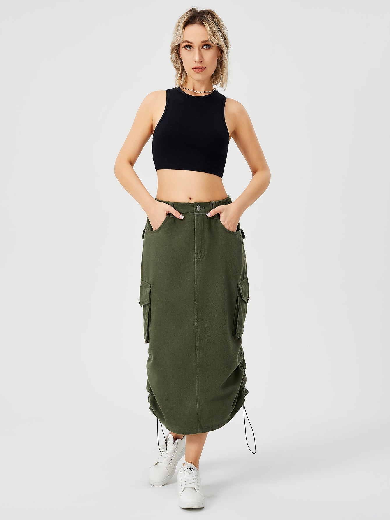 Women's Denim Cargo Midi Skirt – High Waisted Y2K Style with Pockets-HighTouch