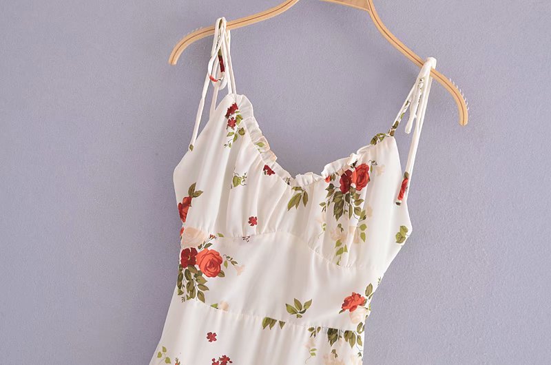 French Retro Printed V-neck Waist Trimming Spaghetti Straps Dress-HighTouch