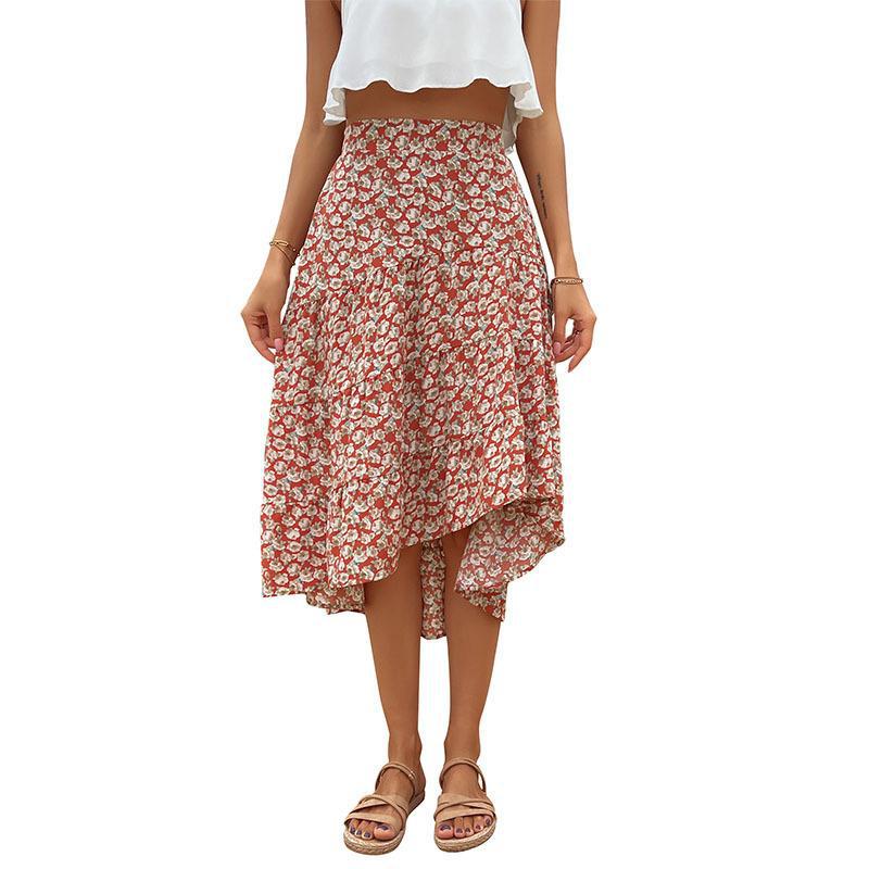 Women’s Wine Red Floral Holiday Skirt – Irregular Hem Temperament Midi