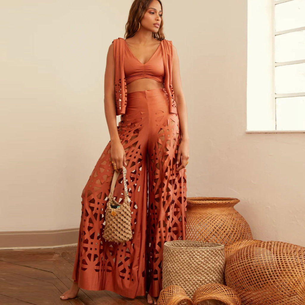 Solid Color Cutout Midriff Outfit Deep V-neck Sleeveless Split Two-piece Set-HighTouch