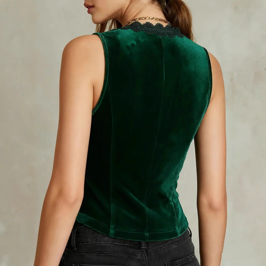 Leather-Patchwork Lace Camisole with Slimming