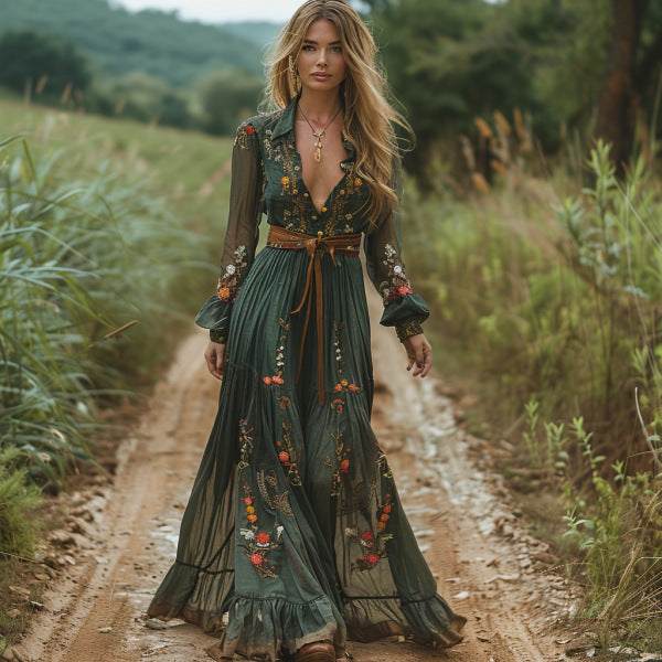 Women's Bohemian Dress | Embroidered V Neck Maxi-HighTouch