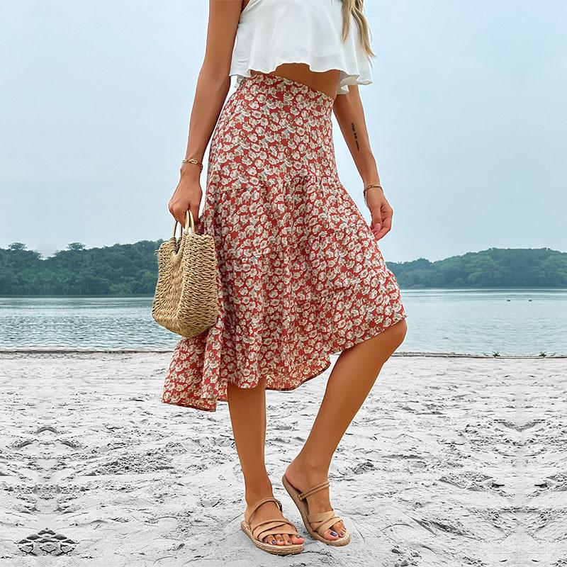 Women’s Wine Red Floral Holiday Skirt – Irregular Hem Temperament Midi