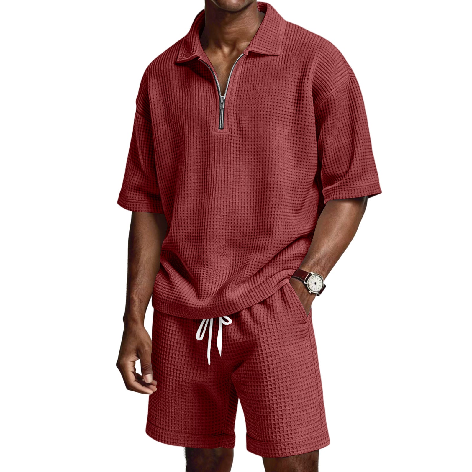Men's Zip-Up Short-Sleeve Shorts Set-HighTouch