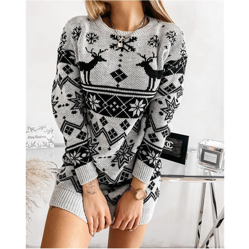 Women's Christmas Elk Snowflake Sweater Dress - Festive Winter Sweater