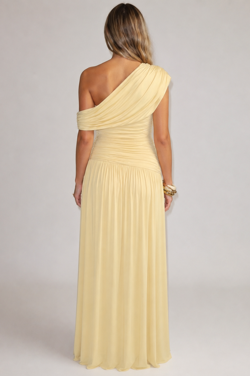 Maternity Maxi Dress – One Shoulder Soft Asymmetric Neckline Ruched Pregnancy Dress