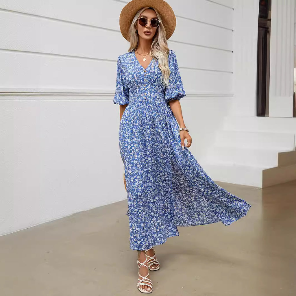 V-neck Lantern Sleeve Waist-tight Dress Seaside Vacation Bohemian Style-HighTouch