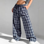Women's Casual All-match Loose Drawstring Plaid Pocket Trousers-HighTouch