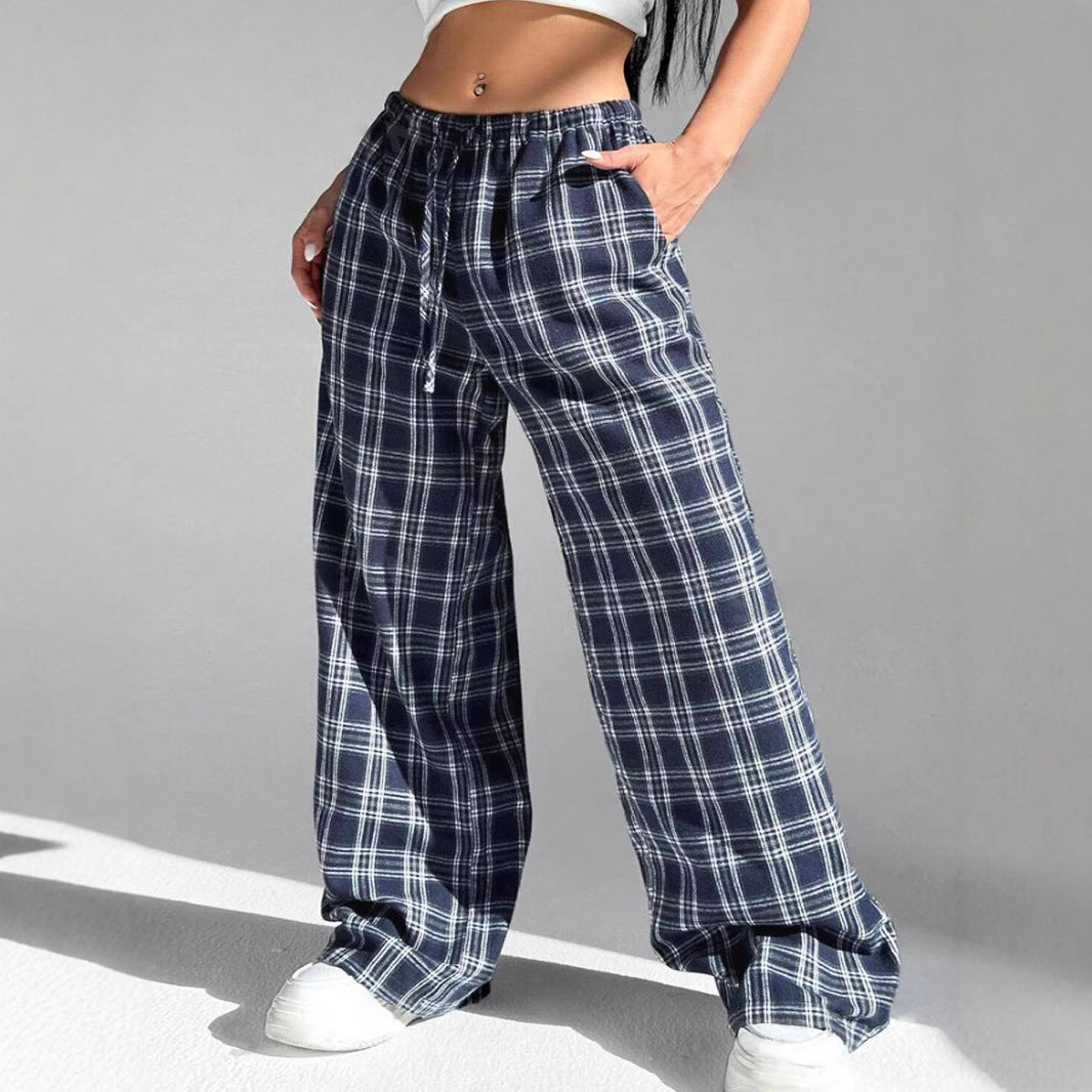 Women's Casual All-match Loose Drawstring Plaid Pocket Trousers-HighTouch