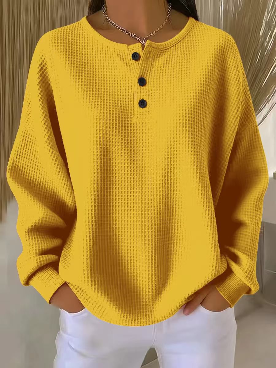 Waffle Knit Long Sleeve Button Top-HighTouch