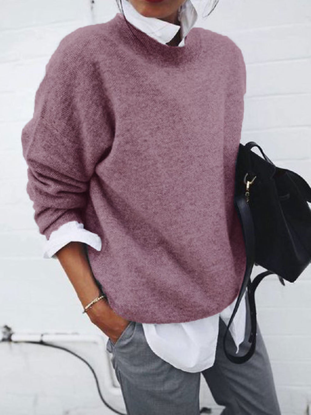 Women’s Solid Color Long Sleeve Knitted Pullover Sweater-HighTouch