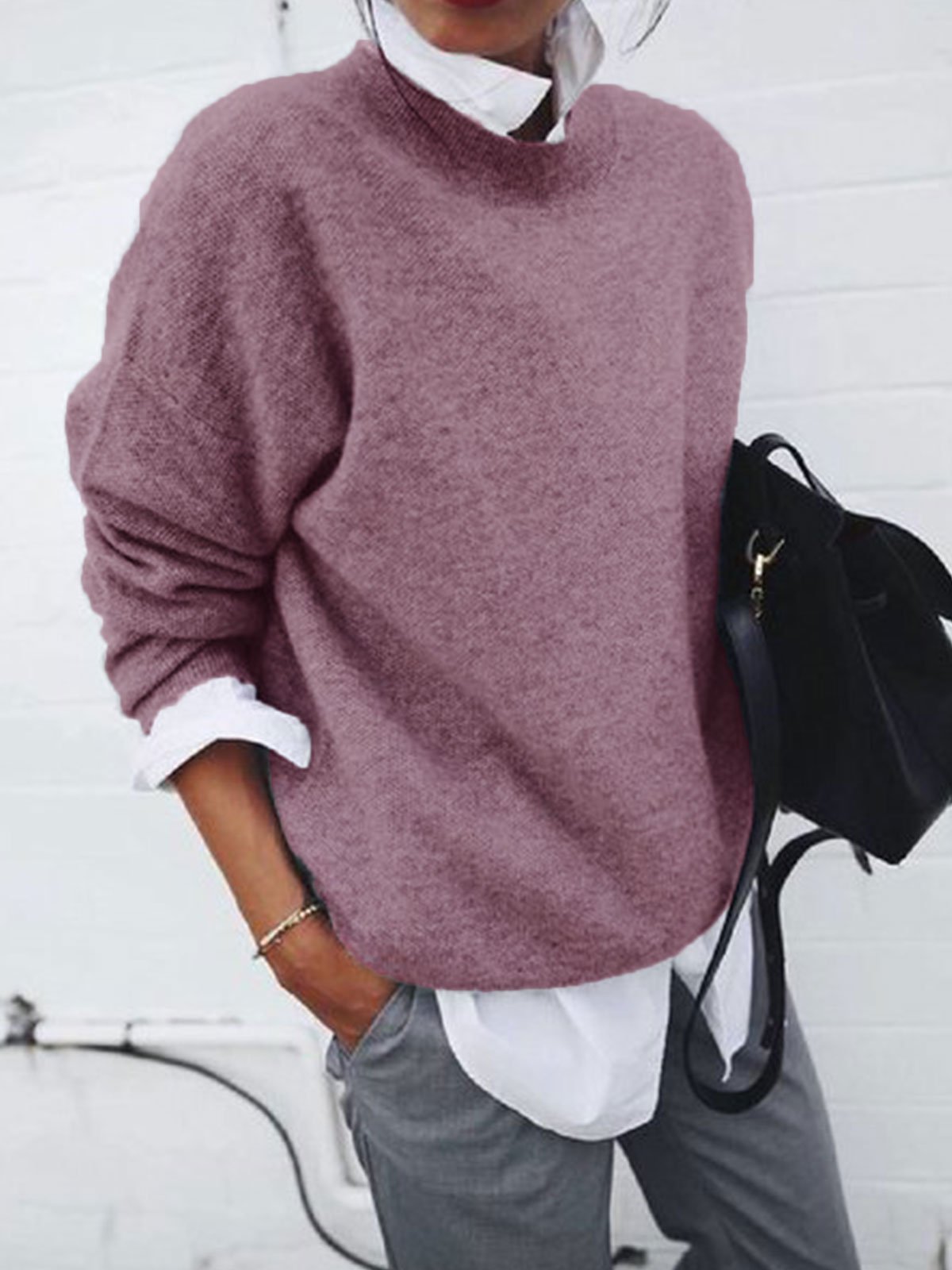 Women’s Solid Color Long Sleeve Knitted Pullover Sweater