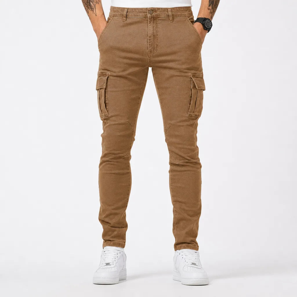 Men's Light Wash Cargo Jeans - Slim Fit Tapered Denim Pants