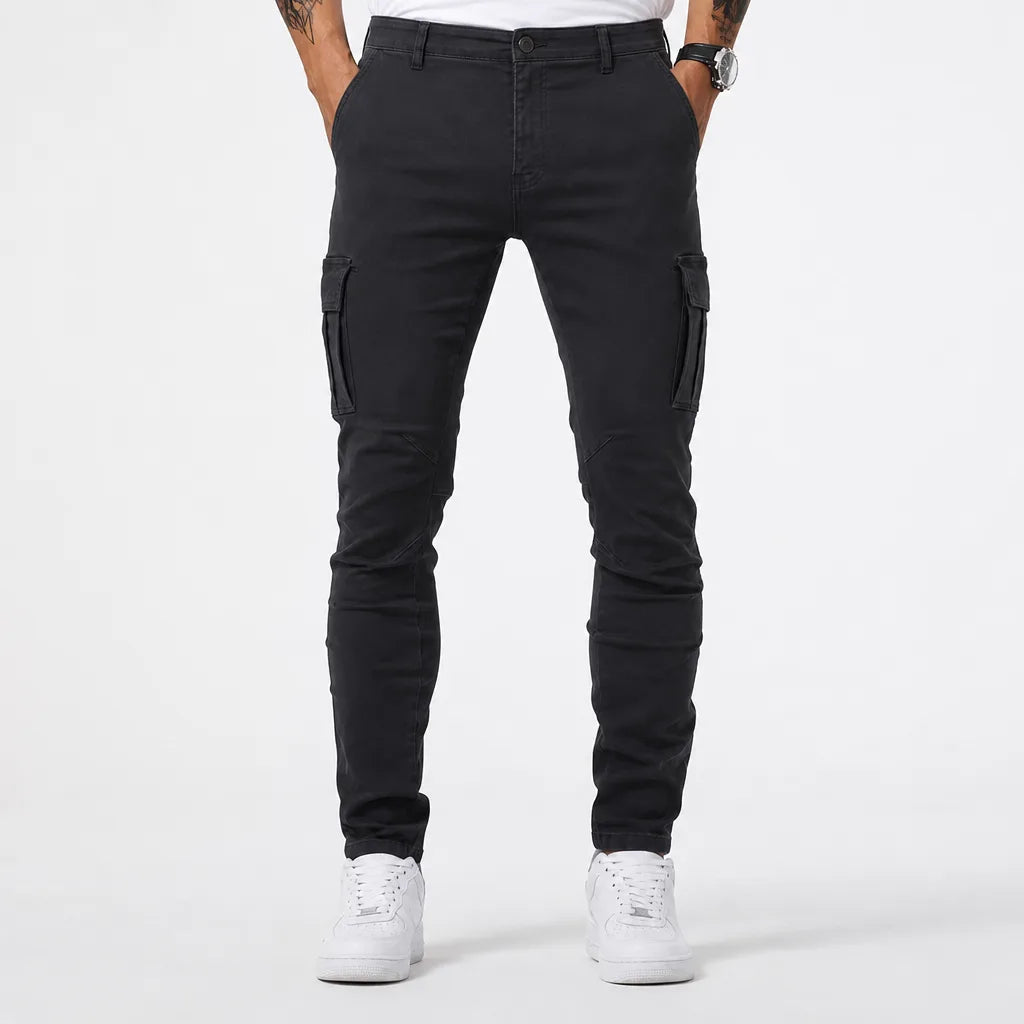Men's Light Wash Cargo Jeans - Slim Fit Tapered Denim Pants