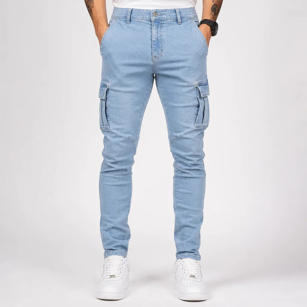 Men's Light Wash Cargo Jeans - Slim Fit Tapered Denim Pants