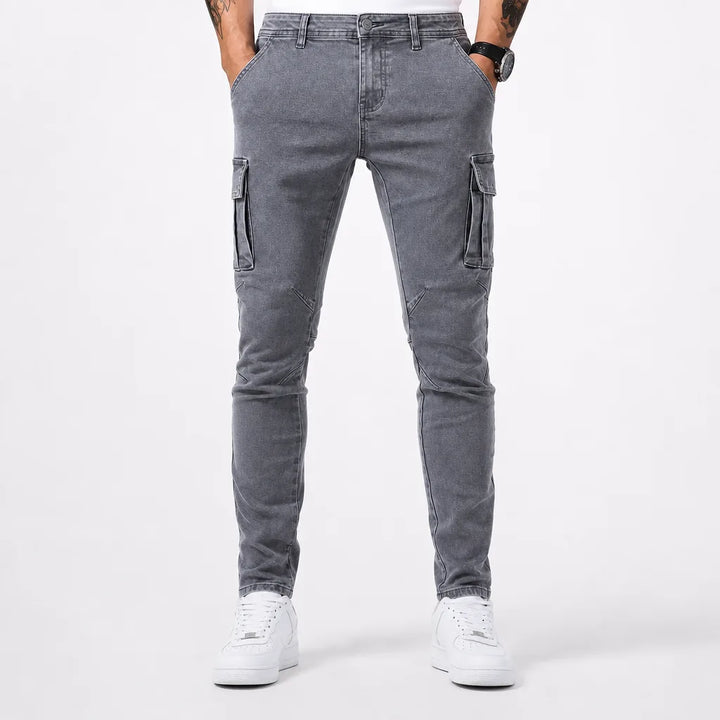 Men's Light Wash Cargo Jeans - Slim Fit Tapered Denim Pants