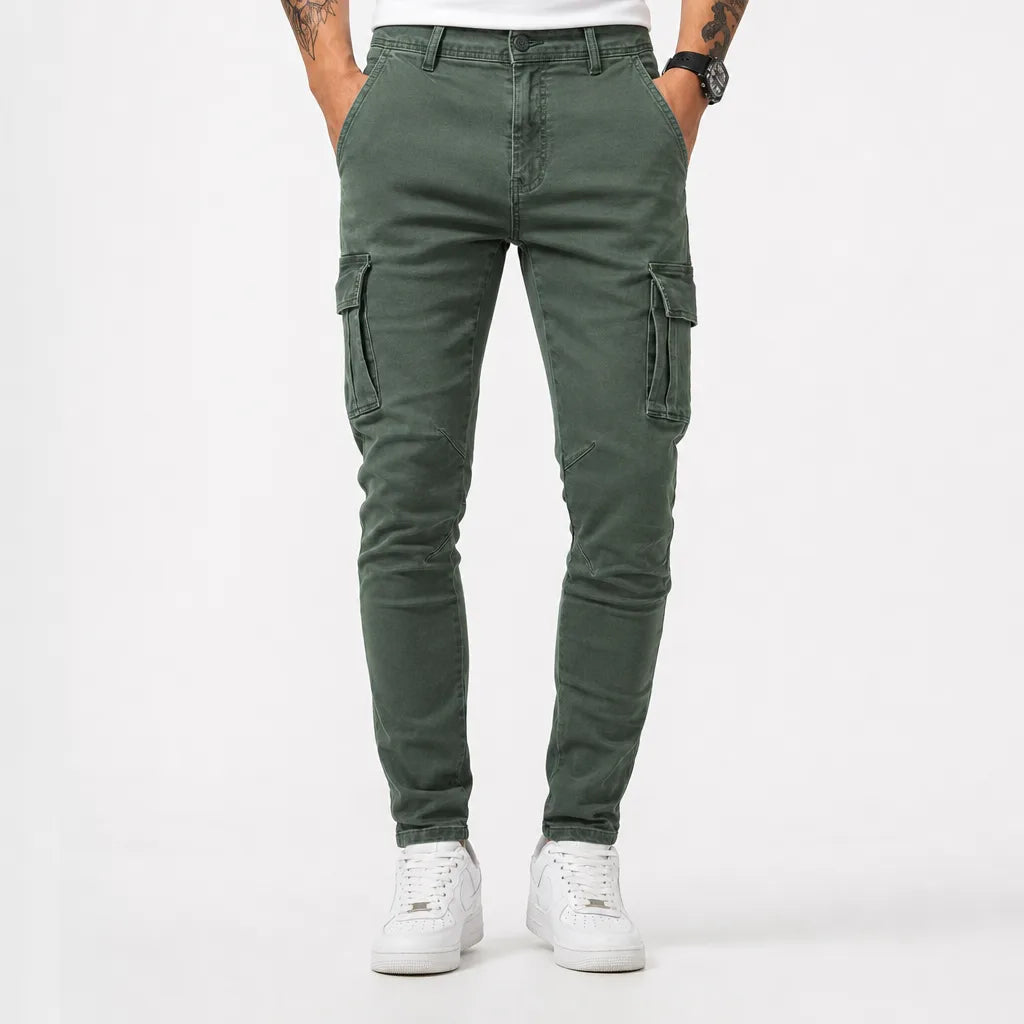 Men's Light Wash Cargo Jeans - Slim Fit Tapered Denim Pants
