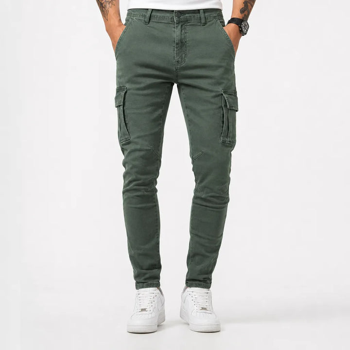 Men's Light Wash Cargo Jeans - Slim Fit Tapered Denim Pants