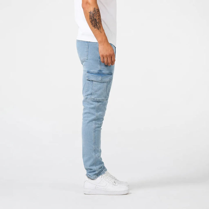 Men's Light Wash Cargo Jeans - Slim Fit Tapered Denim Pants