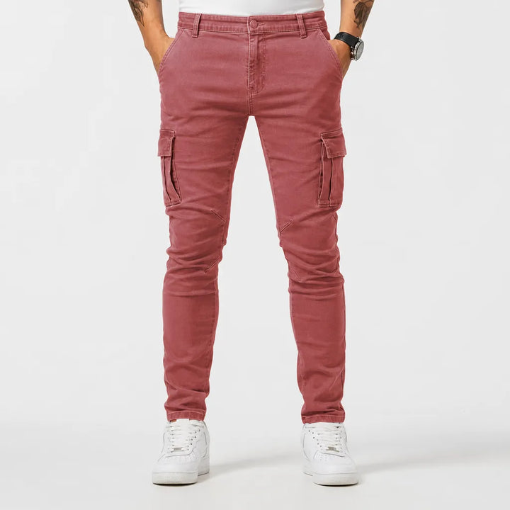 Men's Light Wash Cargo Jeans - Slim Fit Tapered Denim Pants