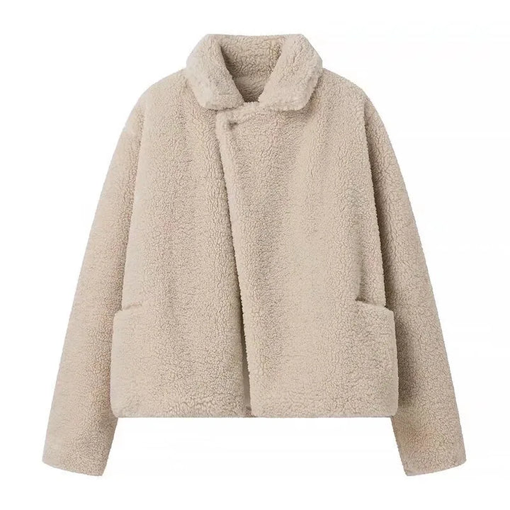 Winter Teddy Coat Women Cream Plush Cropped Wide Collar Coat