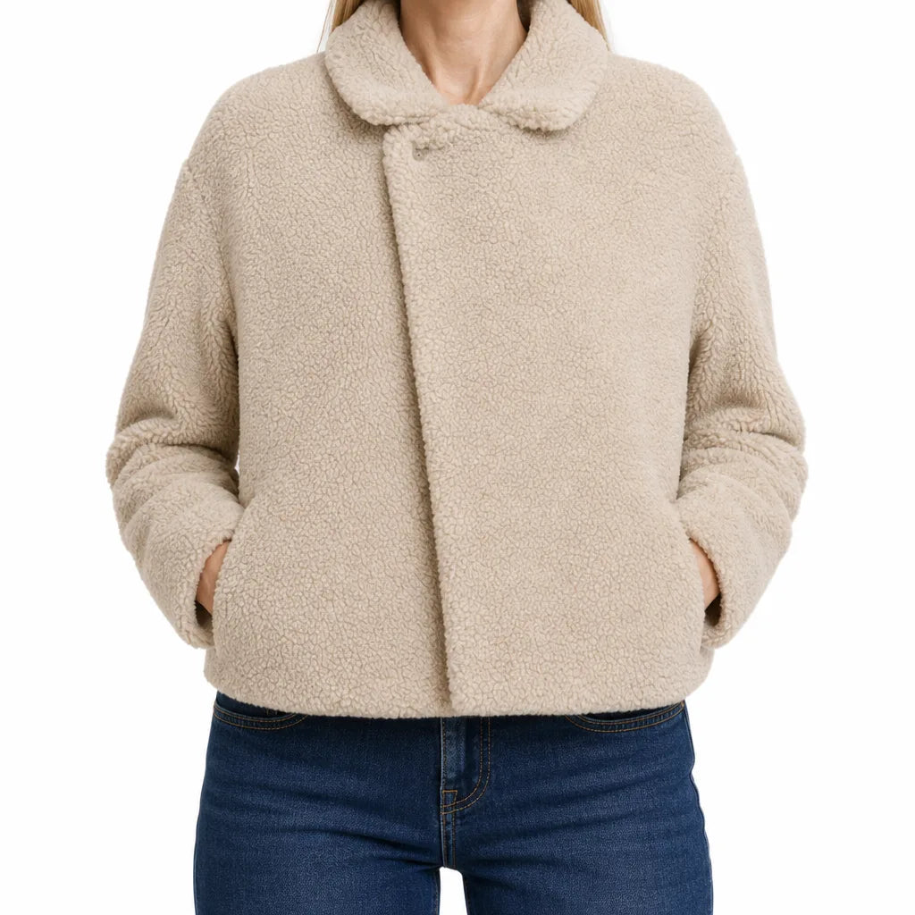 Winter Teddy Coat Women Cream Plush Cropped Wide Collar Coat