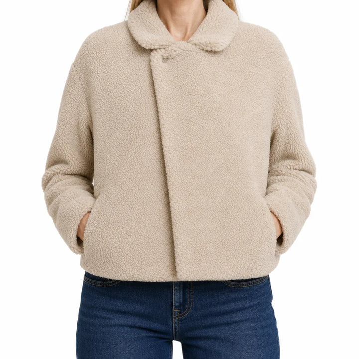 Winter Teddy Coat Women Cream Plush Cropped Wide Collar Coat