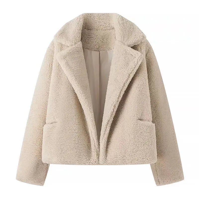Winter Teddy Coat Women Cream Plush Cropped Wide Collar Coat
