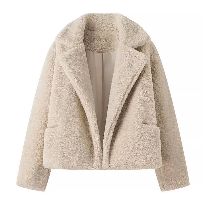 Winter Teddy Coat Women Cream Plush Cropped Wide Collar Coat