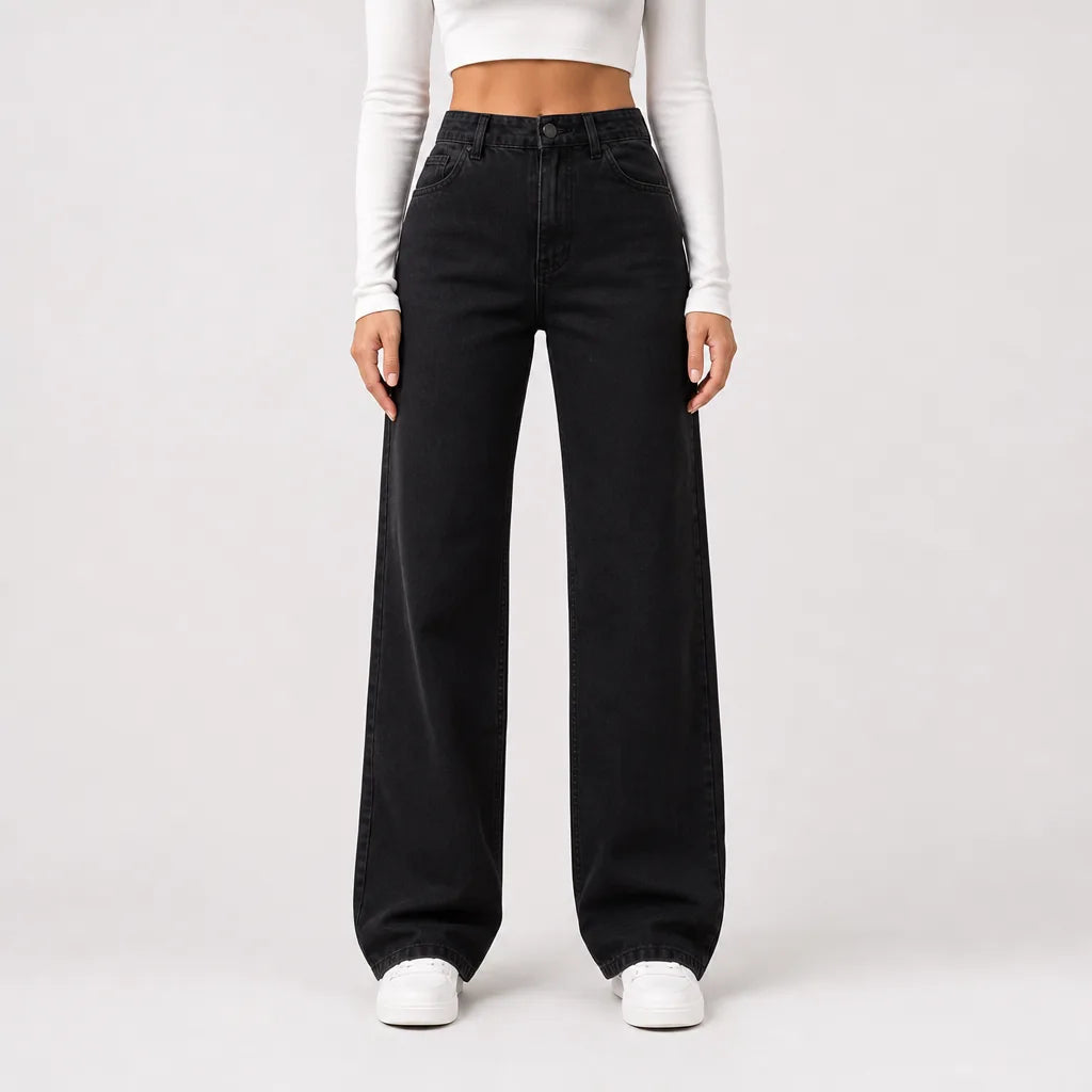 Women's Baggy Wide-Leg Jeans - High-Waisted Mid-Blue Mom Denim