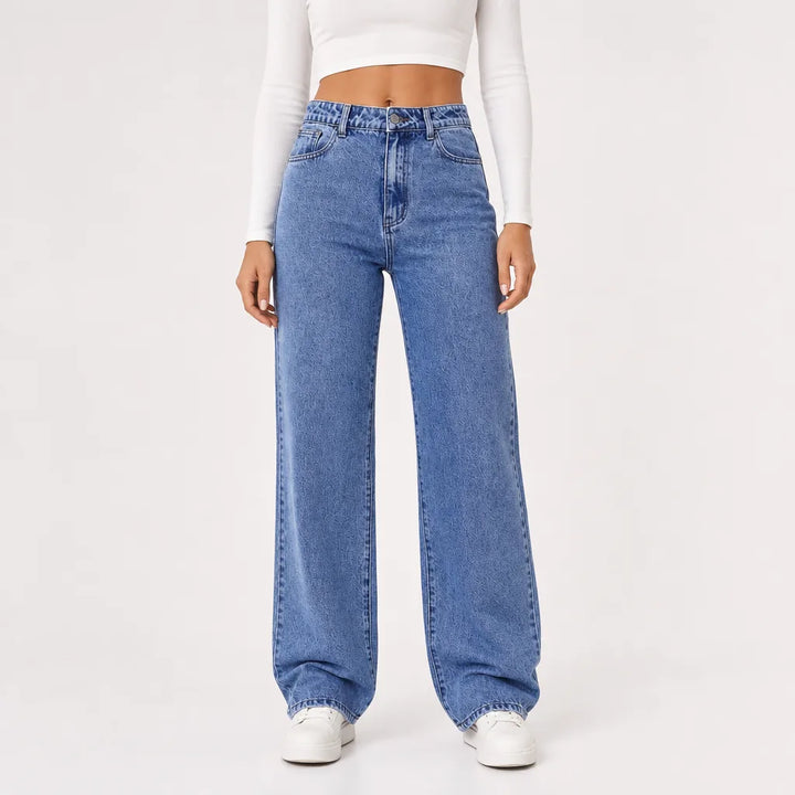 Women's Baggy Wide-Leg Jeans - High-Waisted Mid-Blue Mom Denim