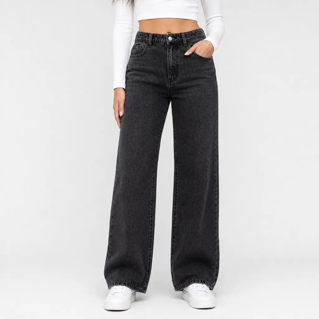 Women's Baggy Wide-Leg Jeans - High-Waisted Mid-Blue Mom Denim