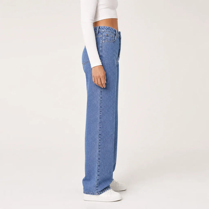 Women's Baggy Wide-Leg Jeans - High-Waisted Mid-Blue Mom Denim