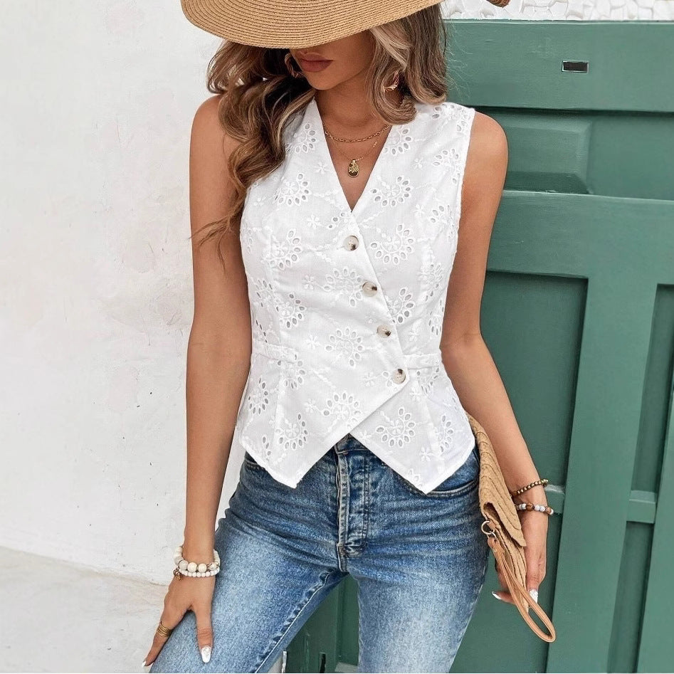 Solid Color And V-neck Button Cardigan Vest Temperament Crochet-HighTouch