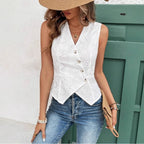 Solid Color And V-neck Button Cardigan Vest Temperament Crochet-HighTouch