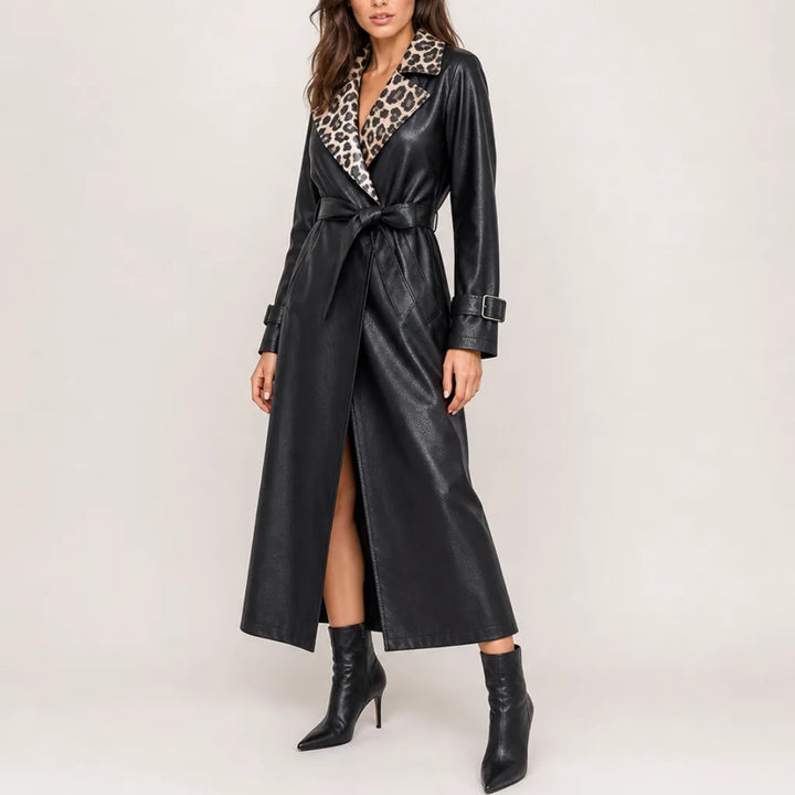 Women's Leopard Lined Trench Coat Belted Long Jacket