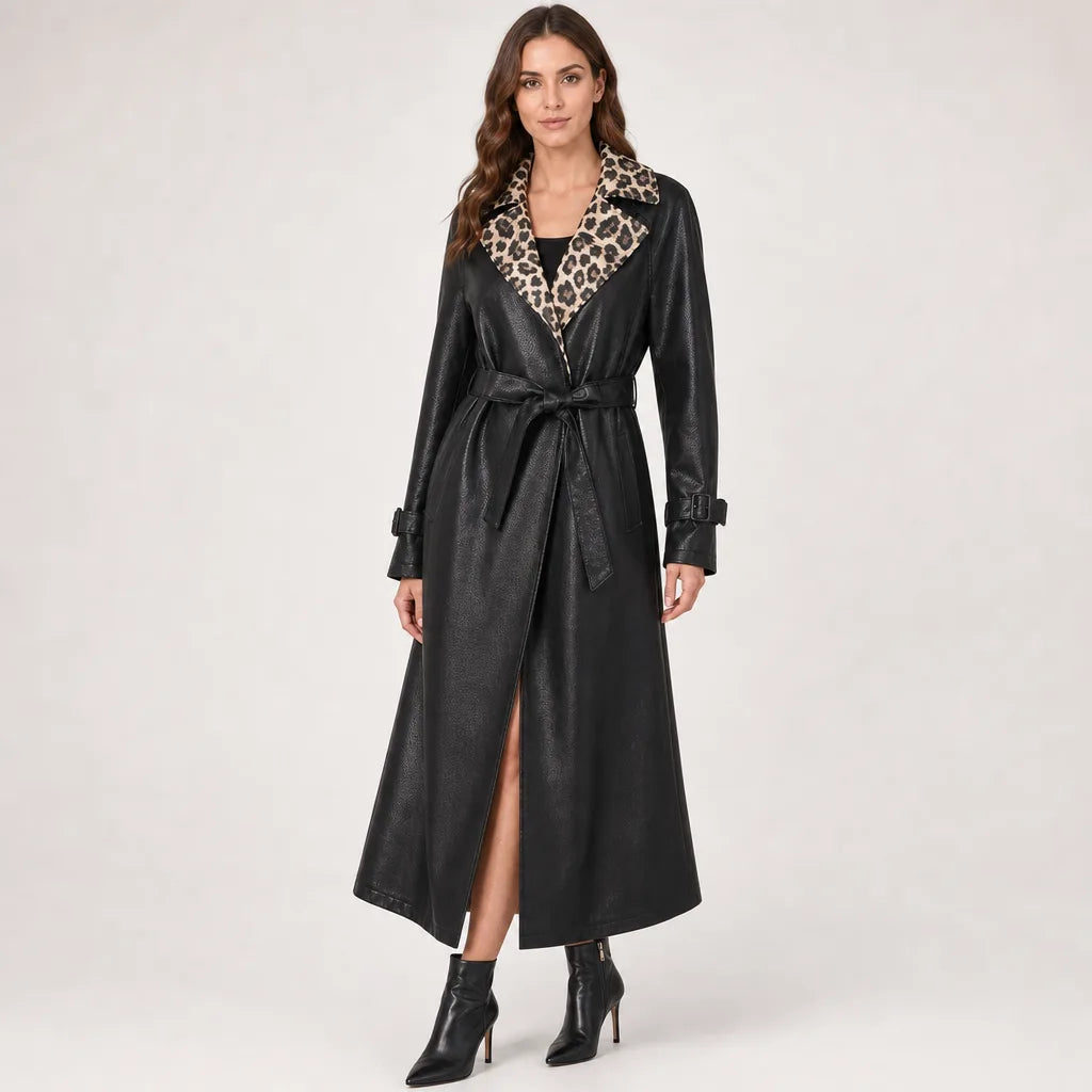 Women's Leopard Lined Trench Coat Belted Long Jacket