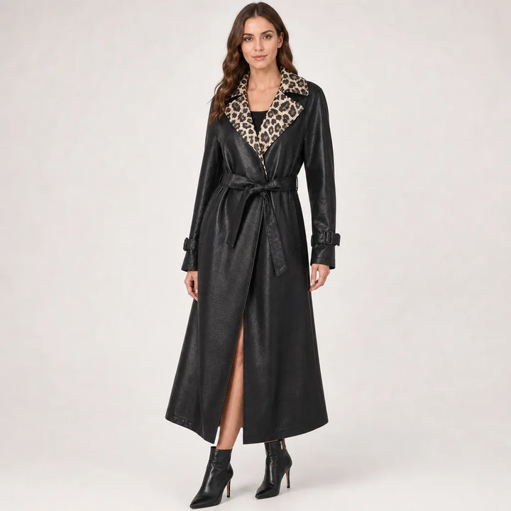 Women's Leopard Lined Trench Coat Belted Long Jacket