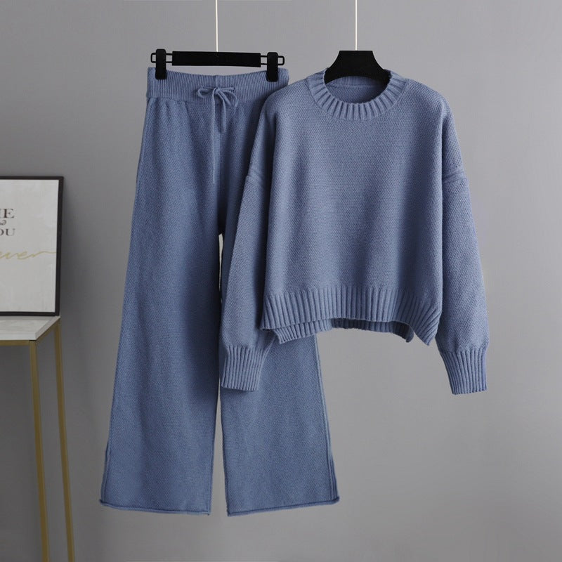 Women’s Knitted Wide-Leg Pants Set – Casual Two-Piece Knit Outfit-HighTouch