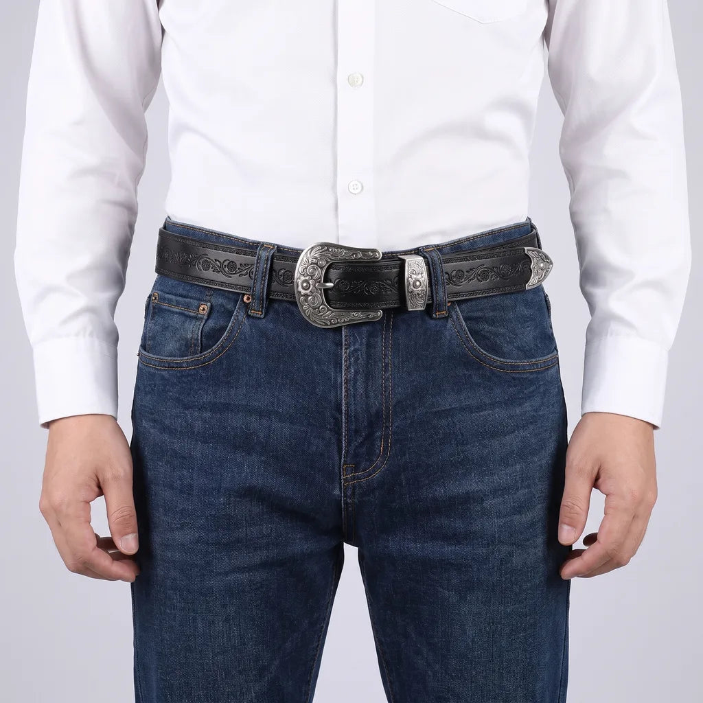 Chester Men's Western Leather Belt - 3-Piece Buckle Set Strap