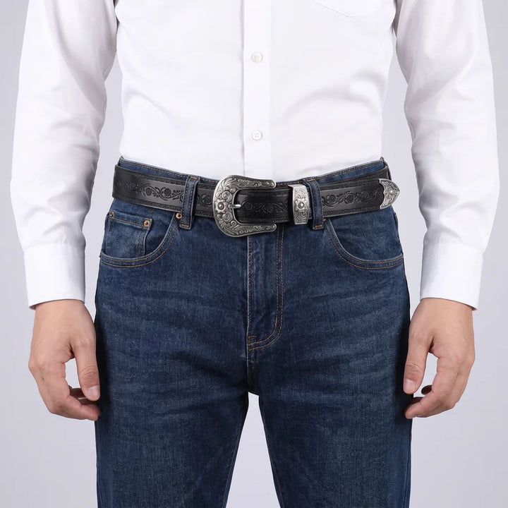 Chester Men's Western Leather Belt - 3-Piece Buckle Set Strap