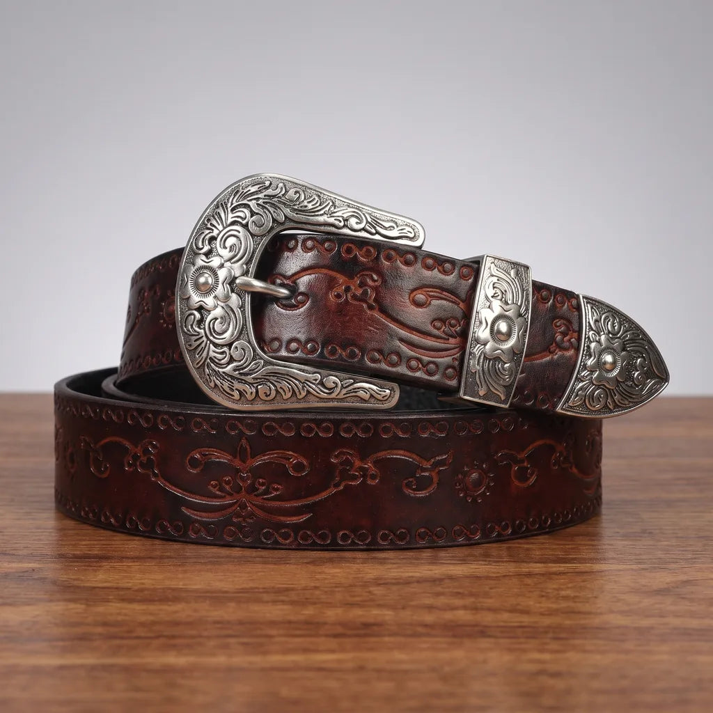 Chester Men's Western Leather Belt - 3-Piece Buckle Set Strap