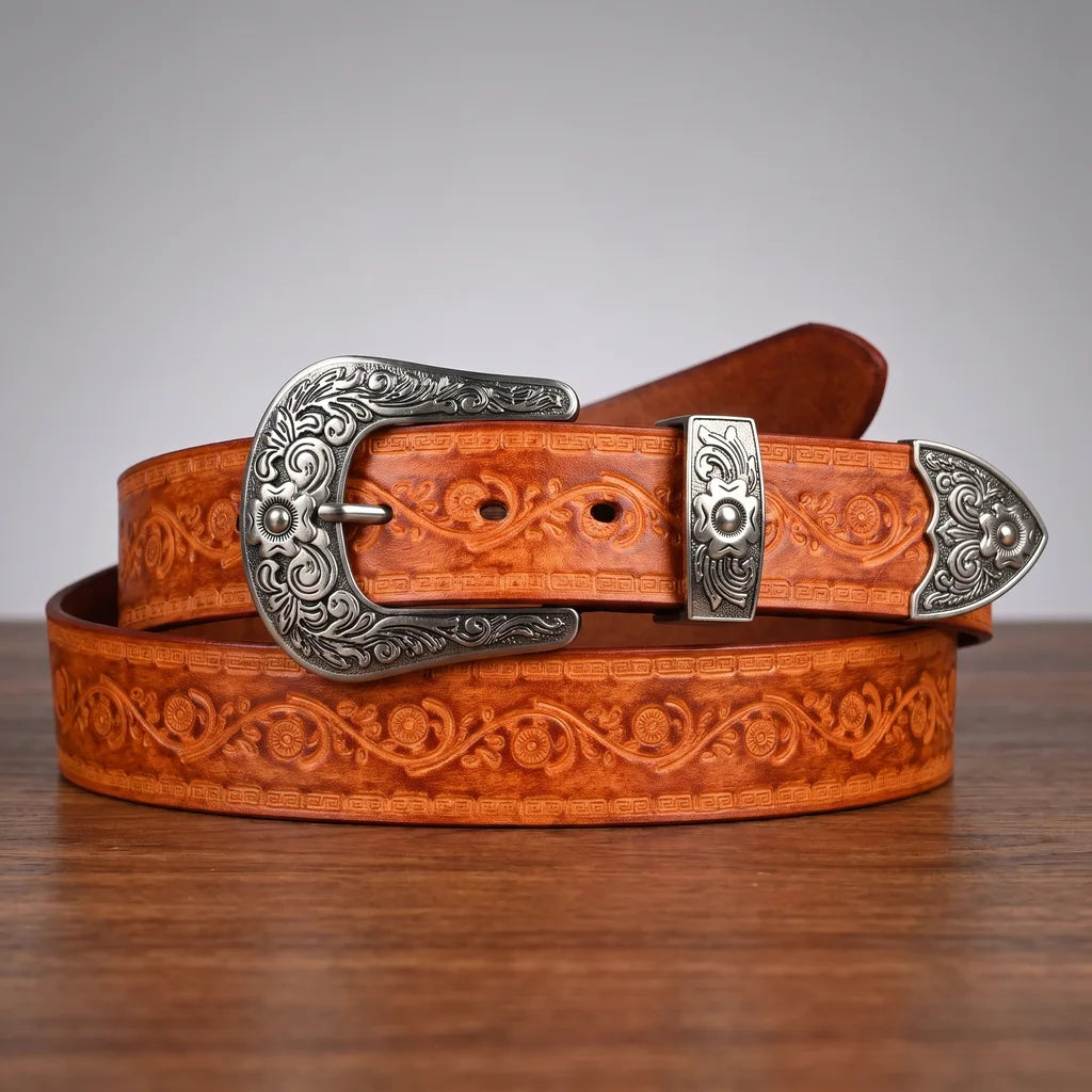 Chester Men's Western Leather Belt - 3-Piece Buckle Set Strap