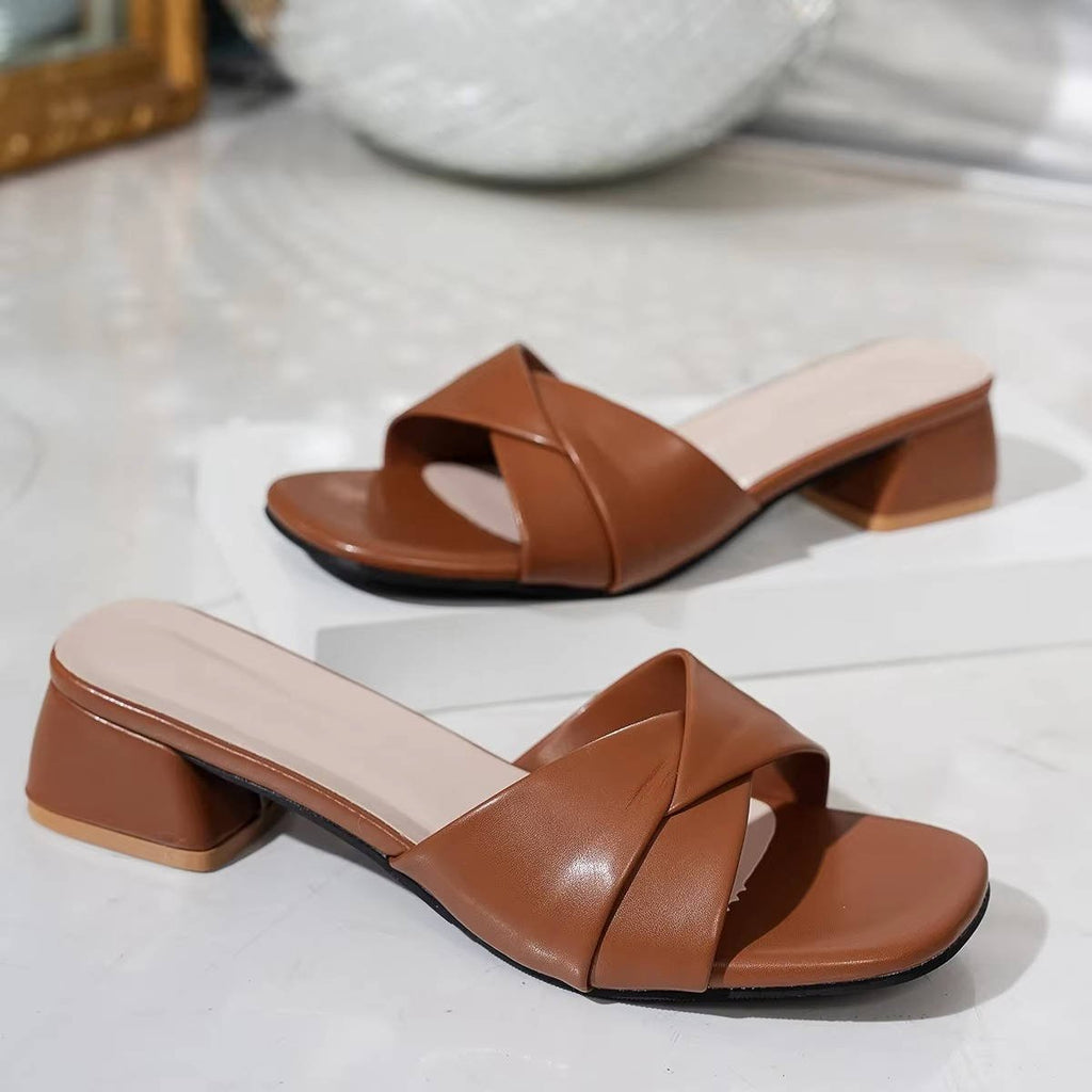 Mia | Cross-Strap Sandals Block Heel Slide Open Toe Square