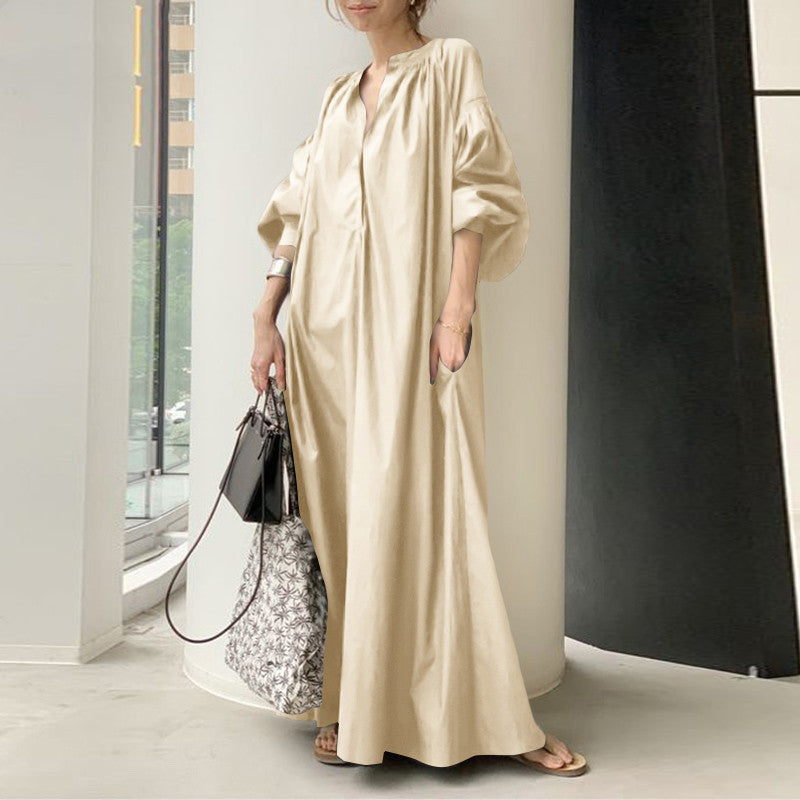 Women's V-Neck Long Maxi Dress – Soft Cotton-Blend Casual Dress-HighTouch