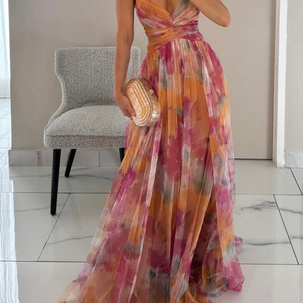 Elegant Painted Floral Print V-Neck A-Line Maxi Dress