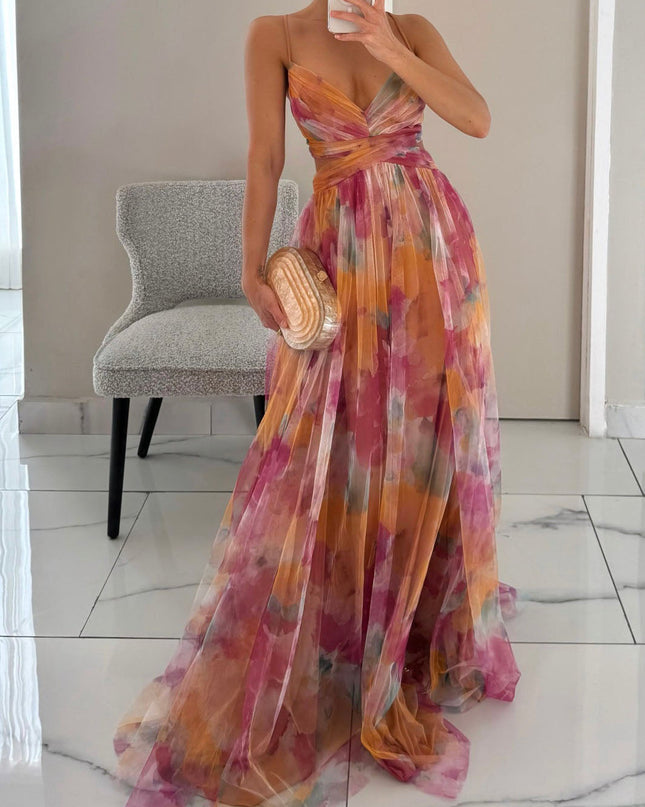 Elegant Painted Floral Print V-Neck A-Line Maxi Dress